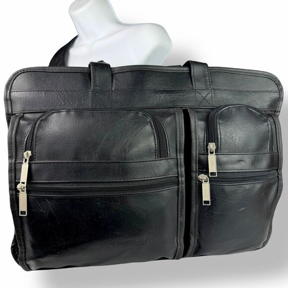 Vintage Briefcase Laptop Travel Bag Distressed Black Leather Rustic Rugged - Picture 1 of 15